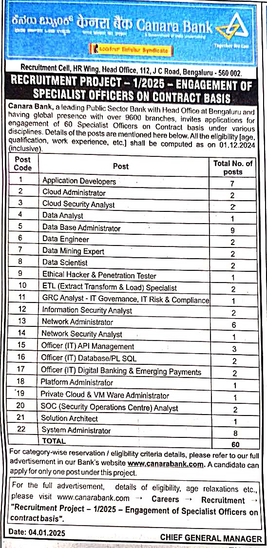 Specialist Officers in Canara Bank