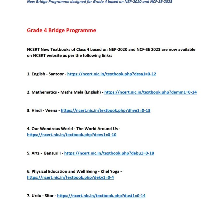 NCERT New Bridge Programme is designed for Grade IV based on NEP-2020 and NCF-SE-2023