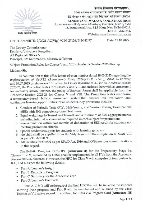 KVS Promotion Rules for Classes V and VIII – Academic Session 2025–26