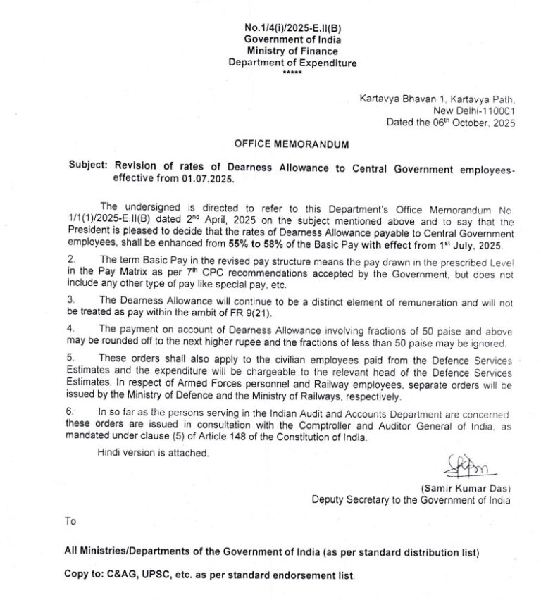 REVISION OF RATES OF DEARNESS ALLOWANCE TO CENTRAL GOVERNMENT EMPLOYEES EFFECTIVE FROM 01.07.2025