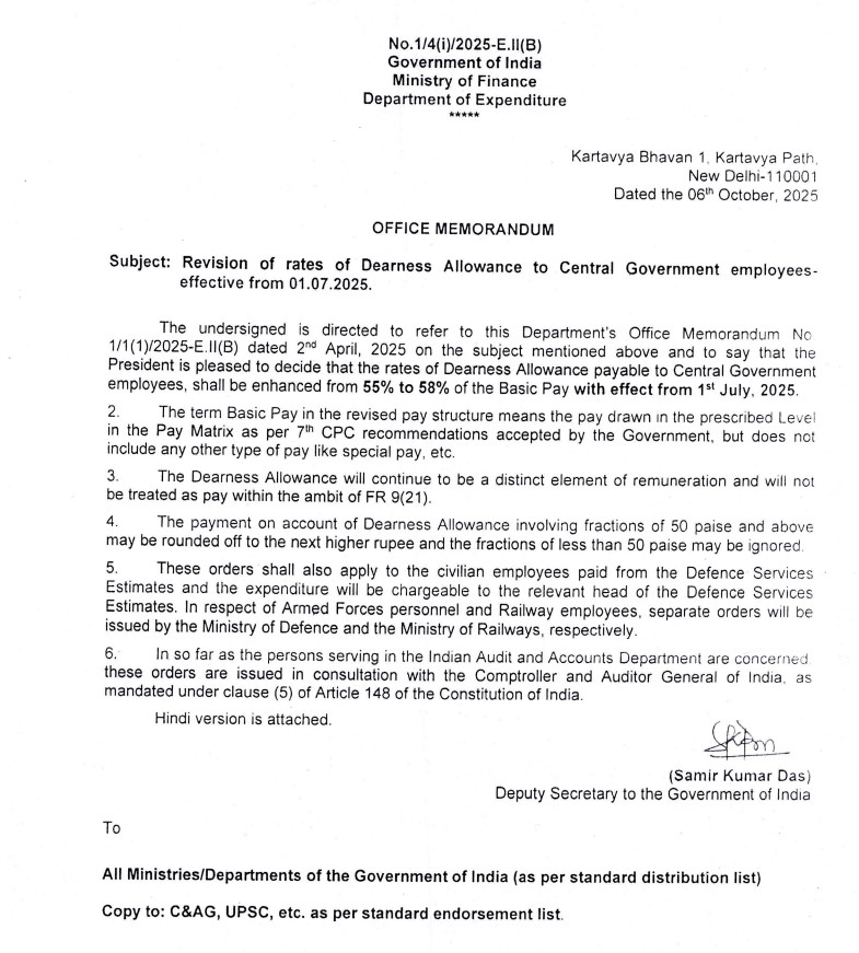 REVISION OF RATES OF DEARNESS ALLOWANCE TO CENTRAL GOVERNMENT EMPLOYEES EFFECTIVE FROM 01.07.2025