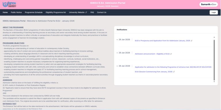 IGNOU (B.Ed.) 2026 ENTRANCE EXAM JAN 2026 SESSION, ADMIT CARD FOR ADMISSION BACHELOR OF EDUCATION