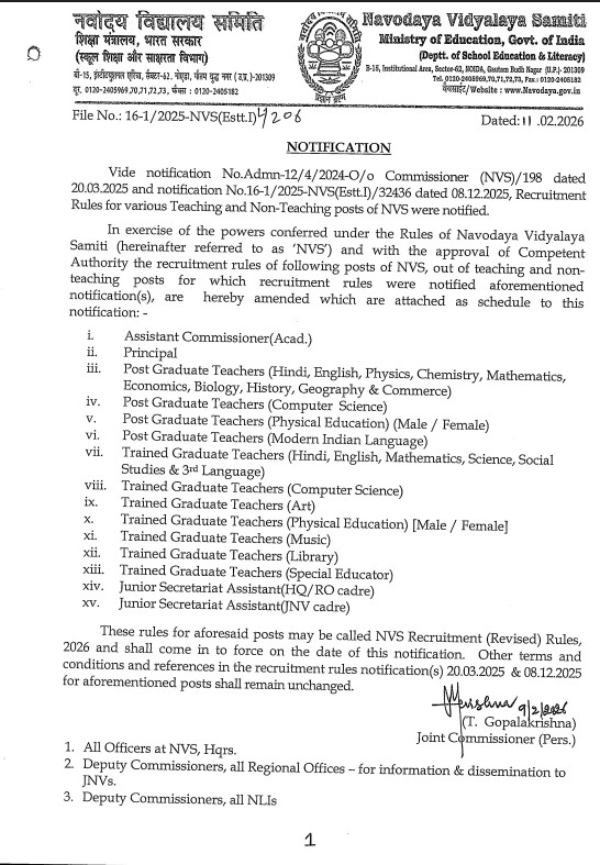 RECRUITMENT RULES FOR VARIOUS TEACHING AND NON-TEACHING POSTS OF NVS